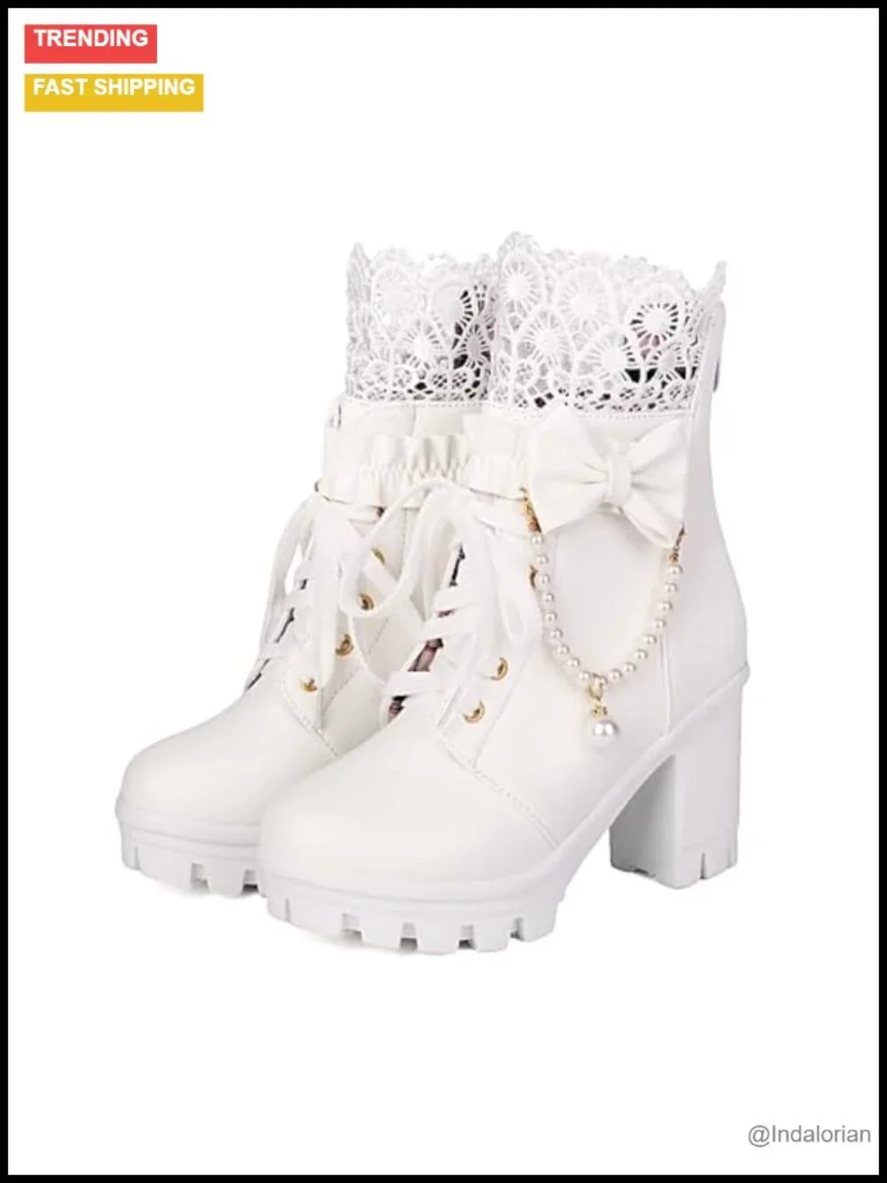 Women's Lace-Up Platform Ankle Boots Goth Chunky Heel Faux Leather Pearl Chain